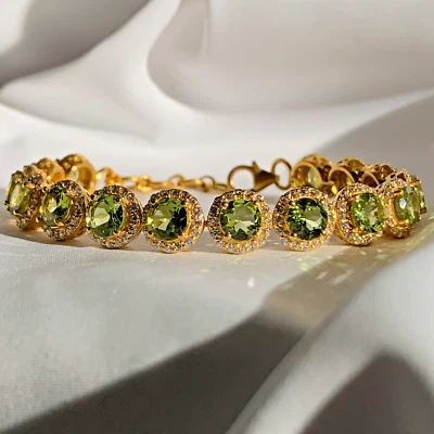 Natural round Peridot Adjustable Tennis Bracelet Gold Plated 925 Sterling Silver - Image 1 of 4
