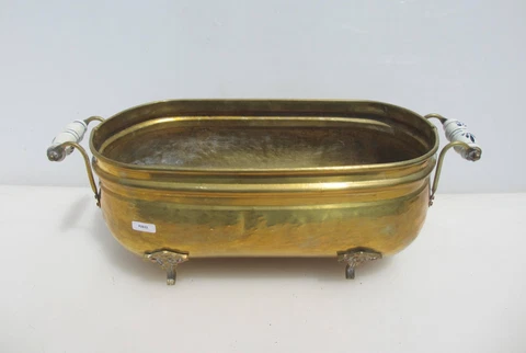 Vintage Brass Trough Tub Planter Plant Pot Old Oval Ceramic Handles French 19"W Cover