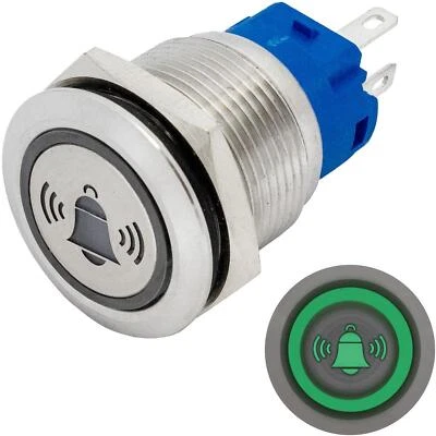 Stainless steel Push button Flat Ø19mm Bell LED Green IP65 2,8x0,5mm Pins 250V 3 - Image 1 of 3
