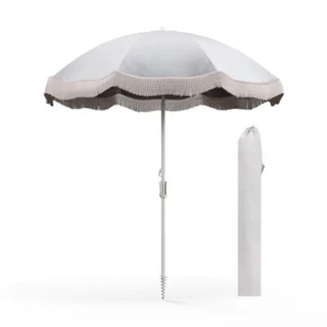 6.5' Folding Outdoor Fringe Tassel Beach Umbrella w/ Push Button Tilt, Carry Bag - Picture 1 of 10
