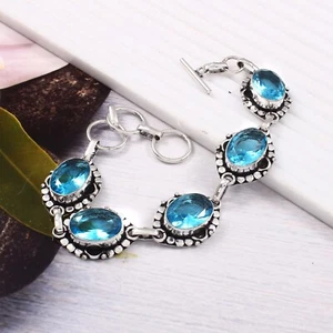 Swiss Blue Topaz Gemstone 925 Sterling Silver Handmade Bracelet Jewelry 7-8" - Picture 1 of 4