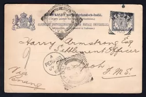 DUTCH EAST INDIES 1905 Postal Card to Ipoh FMS, via Penang Malaya - Picture 1 of 2