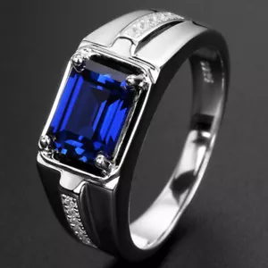 Blue Crystal Cz Mens Silver Ring Wedding Fashion Rings Jewelry Man Accessories - Picture 1 of 18