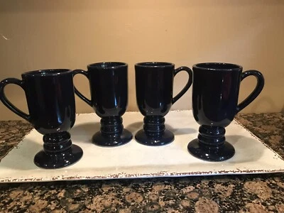 Japan 4 LIBBEY Glass Premier Navy blue IRISH PEDESTAL MUGS / CUPS - Изображение 1 из 4