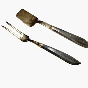 Two Pronged Meat Fork Spatula Server Set Brass Dark Wood Handle Vintage MCM - Picture 1 of 10