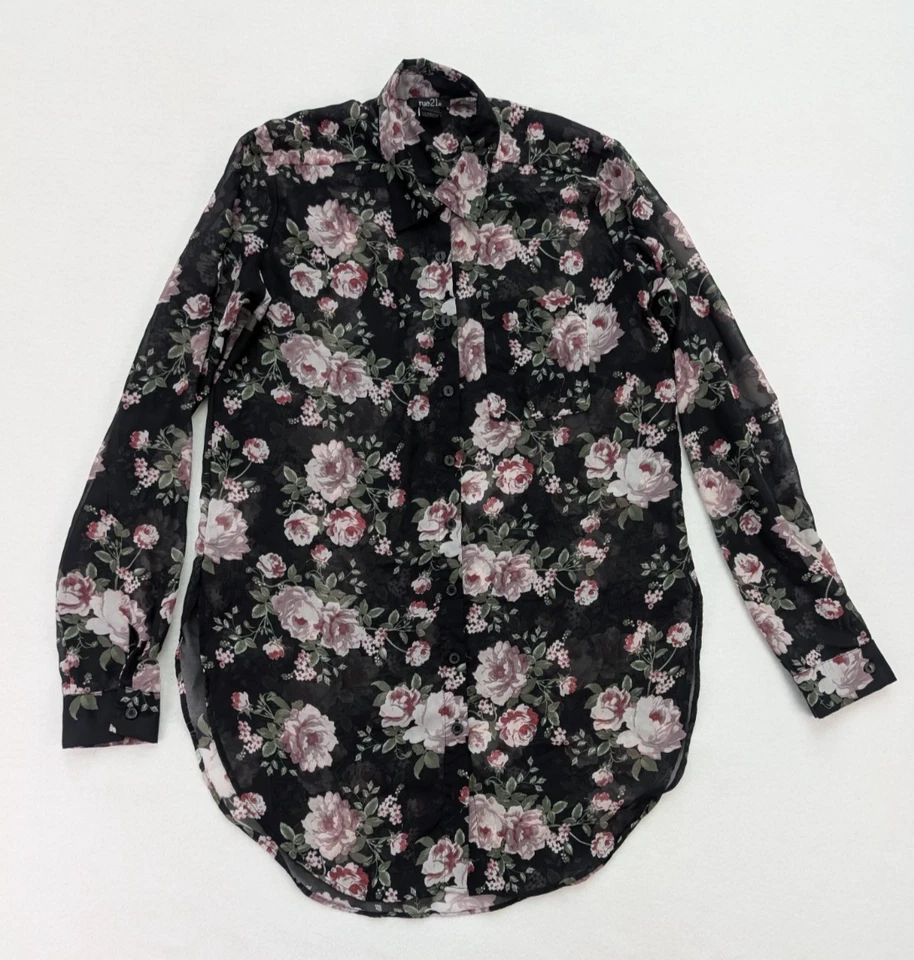 Rue21 Women's Top Size M Sheer Black Floral Print Button-Up Shirt - Image 1 of 4