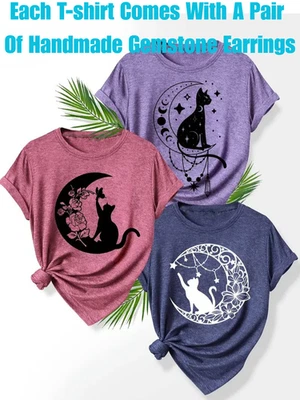 Womens Boho Cat & Moon Graphic Design Casual Tshirts With Gemstone Earrings Gift - Image 1 of 4