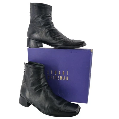 Vintage Stuart Weitzman Womens 12AAAA Black Leather Rear Zip Short Boot Spain - Image 1 of 4