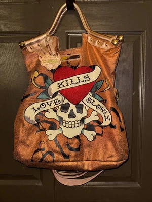 Ed Hardy Loves Kills Slowly Skull Roses Large Boho Purse Bag W/ Shoulder Strap! - Image 1 of 4