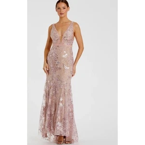 Mac Duggal 67481 Rose Pink Floral Embellished Sleeveless Plunge Gown Sz 0 NWT - Picture 1 of 4