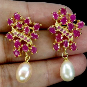 925 Sterling Silver Earrings Oval Ruby 4x3mm Pearl Natural Gemstone Jewelry - Picture 1 of 14