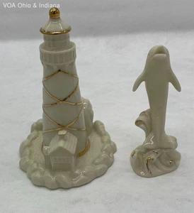 Lenox Ivory & Gold Porcelain Lighthouse & Jumping Dolphin On Wave Figurines - Picture 1 of 12