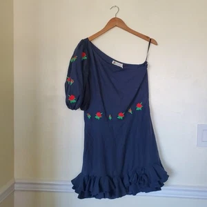 Sz L |🌹Fanm Mon Flame🌹Mini Linen One Sleeve Ruffle Hem Floral Embroidery Dress - Picture 1 of 7