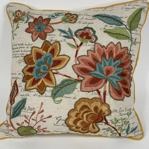 PIER 1 IMPORTS FLORAL BEAED EMBROIDERED (1) SQUARE THROW PILLOW 18X18 - Picture 1 of 13