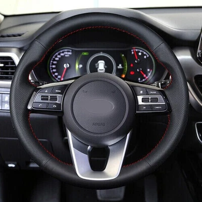 Top Leather Steering Wheel Red Thread Hand-stitch on Wrap Cover For Kia Optima - Image 1 of 4