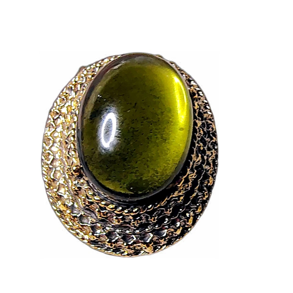 Large Peridot Green Foiled Glass Cabachon High Profile Victorian Revival Brooch  - Image 1 of 4