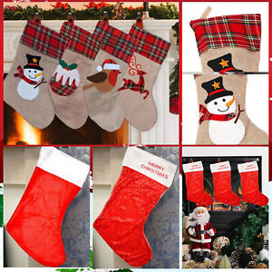 Large Christmas Stocking XMAS Santa Tartan Top Snowman Reindeer Pudding