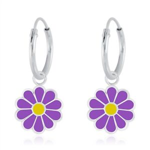 925 Sterling Silver Purple Daisy Enamel Sleeper Hoop Earrings Kids Girls Nature