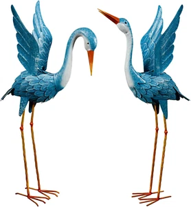 Crane Garden Statue Blue Heron Decoy Sculpture Metal Yard Bird Decoration 2 Set - Picture 1 of 7