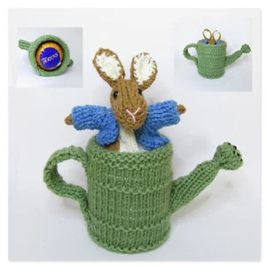 KNITTING PATTERN Peter Rabbit in Watering Can Chocolate Orange Bomb Cover Bunny - Picture 1 of 6
