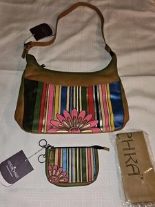 Neu mit Etikett Anuschka Schultertasche handbemalt Ledertasche & Geldbörse Blumenstreifen hellbraun - Bild 1 von 9
