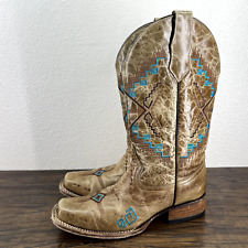 Circle G Boot Size 7 M Beige Leather Turquoise Embroidered Cowboy Western Square