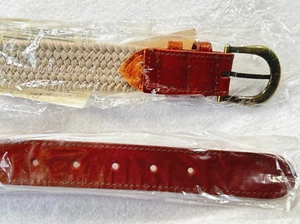 Talbots Sand Fabric Stretch Belt XL Leather Brass Buckle vintage New with tags - Picture 1 of 10