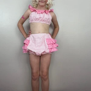 Vintage 1950s Pink Playsuit Set Kids 4t 50s Crop Top and Ruffle Butt Bloomers - Picture 1 of 4