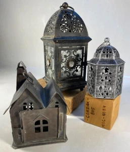 Lot of 3 Very Decorative & Rustic Metal Hanging Tealight Candleholders - Picture 1 of 12