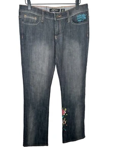 NEW Ed Hardy Embroidered Floral Skull Jeans 27 Low Rise Love Kills Slowly NWT F - Picture 1 of 6