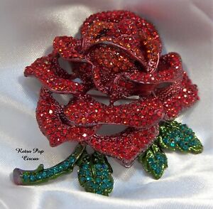 Beautiful Pave Crystal Rose Brooch-Red-Large Pendant-BIG Brooch-Vintage Style