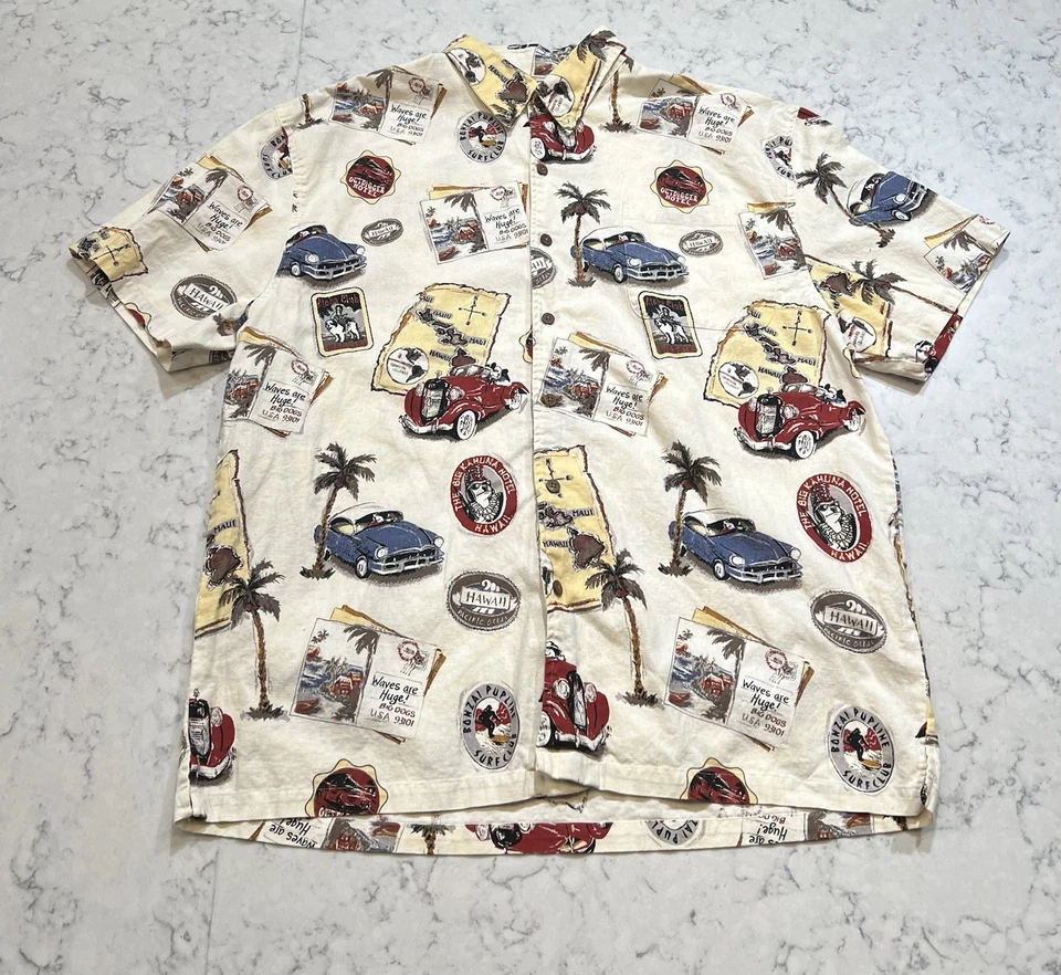Big Dogs Hawaii Hot Rod Car Aloha Shirt Linen Cotton Button Front Large - Image 1 of 4