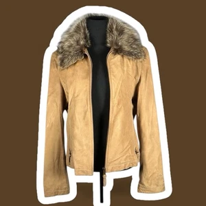 VTG Y2K Tan Suede Leather Fur Collar Jacket Corset Sides Zip Reilly Olmes Large - Picture 1 of 18
