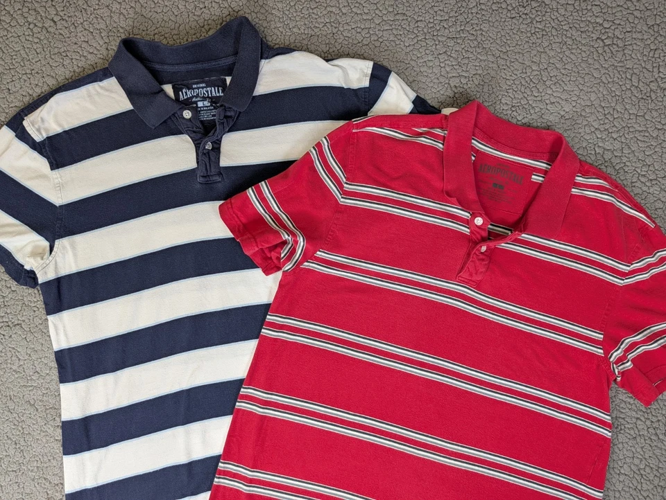 Aeropostale Polo 衫男式大号正品合身条纹学院风 Y2K 两件套 — 第 1/4 张图片