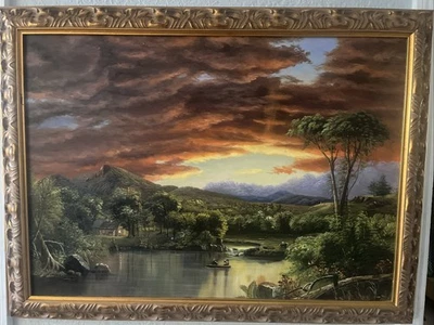Oil Painting Vintage Original Landscape “Bob Ross” Style Hudson River Gold Frame - Image 1 of 4