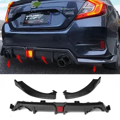 Rear Lip Diffuser Body kit W/ LED light Fits Civic 2016-2021 Carbon Fiber Style - Image 1 of 4