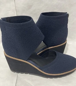 Eileen Fisher Alec Wedge Pump Sandals Size 8 Platform Back Zipper Navy/Dark Blue - Picture 1 of 13