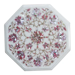 16" Pink mop Inlay Work White Marble Coffee Table Top Side center Table - Picture 1 of 4