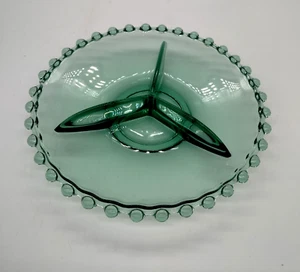 Vintage Candlewick Style Green  3 Section Divided Dish Relish Candy Nuts Snacks - Picture 1 of 5