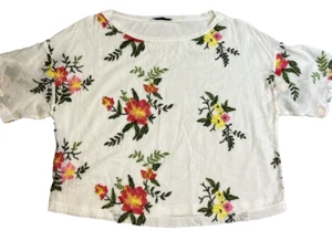 Zara Womens Top Blouse Size Small White Embroidered Flower Casual Beach Boho - Picture 1 of 10