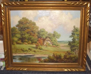 WILLIAM BRADLEY 1880-1945 COTTAGE OIL ON CANVAS LANDSCAPE AMERICAN ARTIST SIGNED - Picture 1 of 6