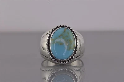Native American Sterling Silver Oval Blue Turquoise Carved Band Ring 925 Sz: 12 - Image 1 of 4