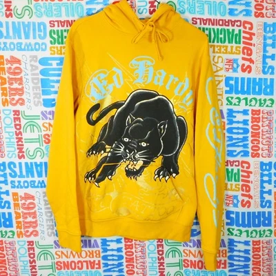 Sudadera con Capucha Ed Hardy Pantera Negra Talla S Doble Cara Amarillo Brazo Gráficos Foto 1 de 4