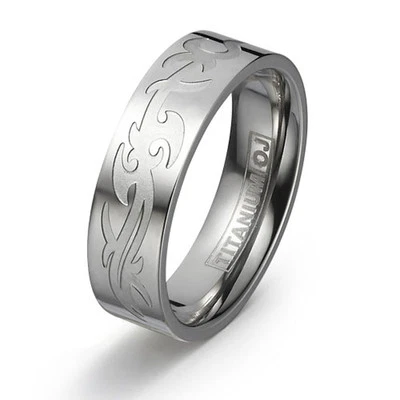 Titanium Wedding Ring Carved Tribal Pattern Free Engraving Titanium Band SZ 5-12 - Image 1 of 4
