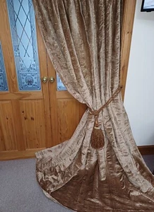 Honey Gold Velvet Curtains. 94" Drop x 147 Inches Combined Width. Cleaned. - Picture 1 of 10