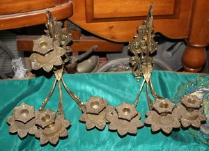 Antique Victorian Brass Metal 4 Arm Wall Sconce Candle Holders Pair Flowers - Picture 1 of 11
