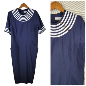 Vintage 90s Sailor Shirt Dress Size 12 Midi Navy Blue Embroidered Stripe Sheath - Picture 1 of 8