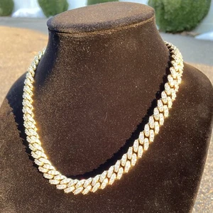 Gold Miami Cuban Link Chain 20in 12mm with Man Made Diamonds 14k Gold Over Steel - Picture 1 of 3