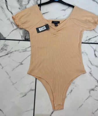 Peach Orange Coral Ruched Frill Bodysuit- Size L (UK 14-16) All In One - New Tag - Image 1 of 4