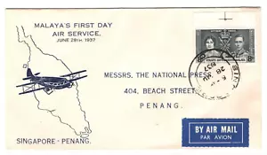 Malaya Straits SINGAPORE Air Mail Cover FIRST FLIGHT PENANG 1937{samwells}KA970 - Picture 1 of 12